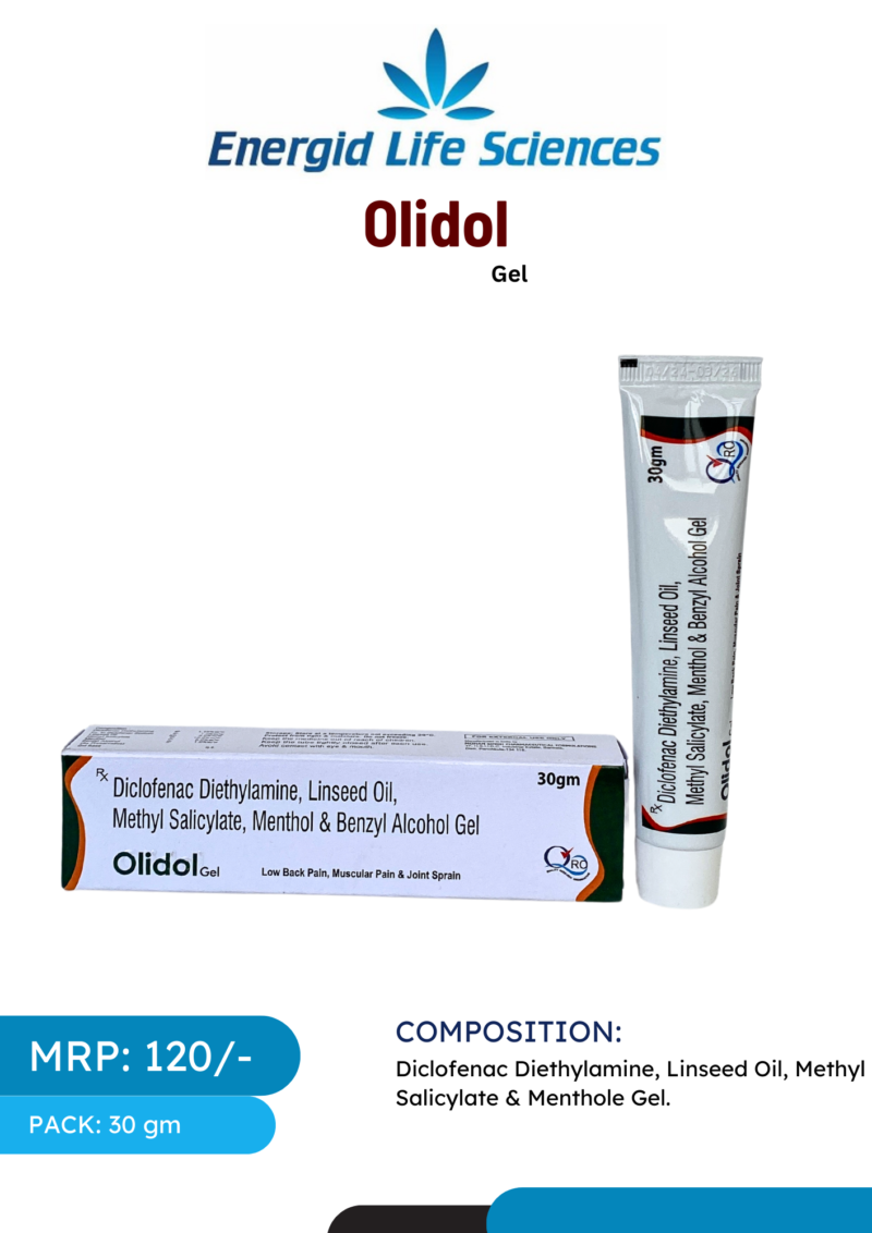 Olidol Gel for muscle and joint pain relief with Diclofenac Diethylamine and Menthol.