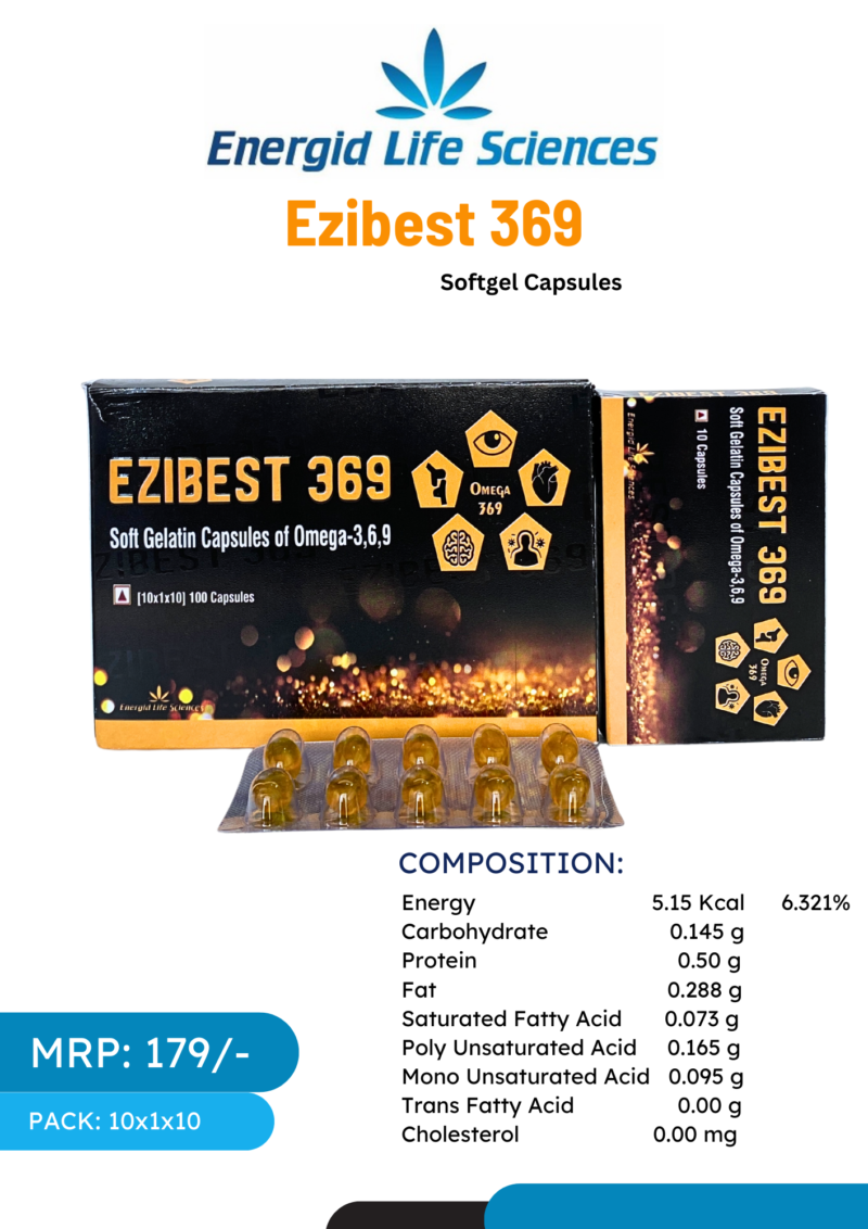 Ezibest-369 Capsules with Omega-3, Omega-6, and Omega-9 for heart and joint health.