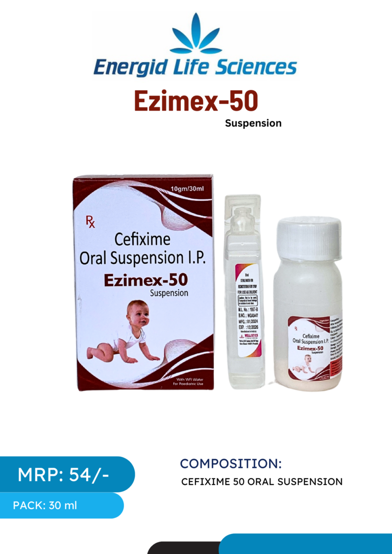 Ezimex-50 Suspension with Cefixime for treating bacterial infections.