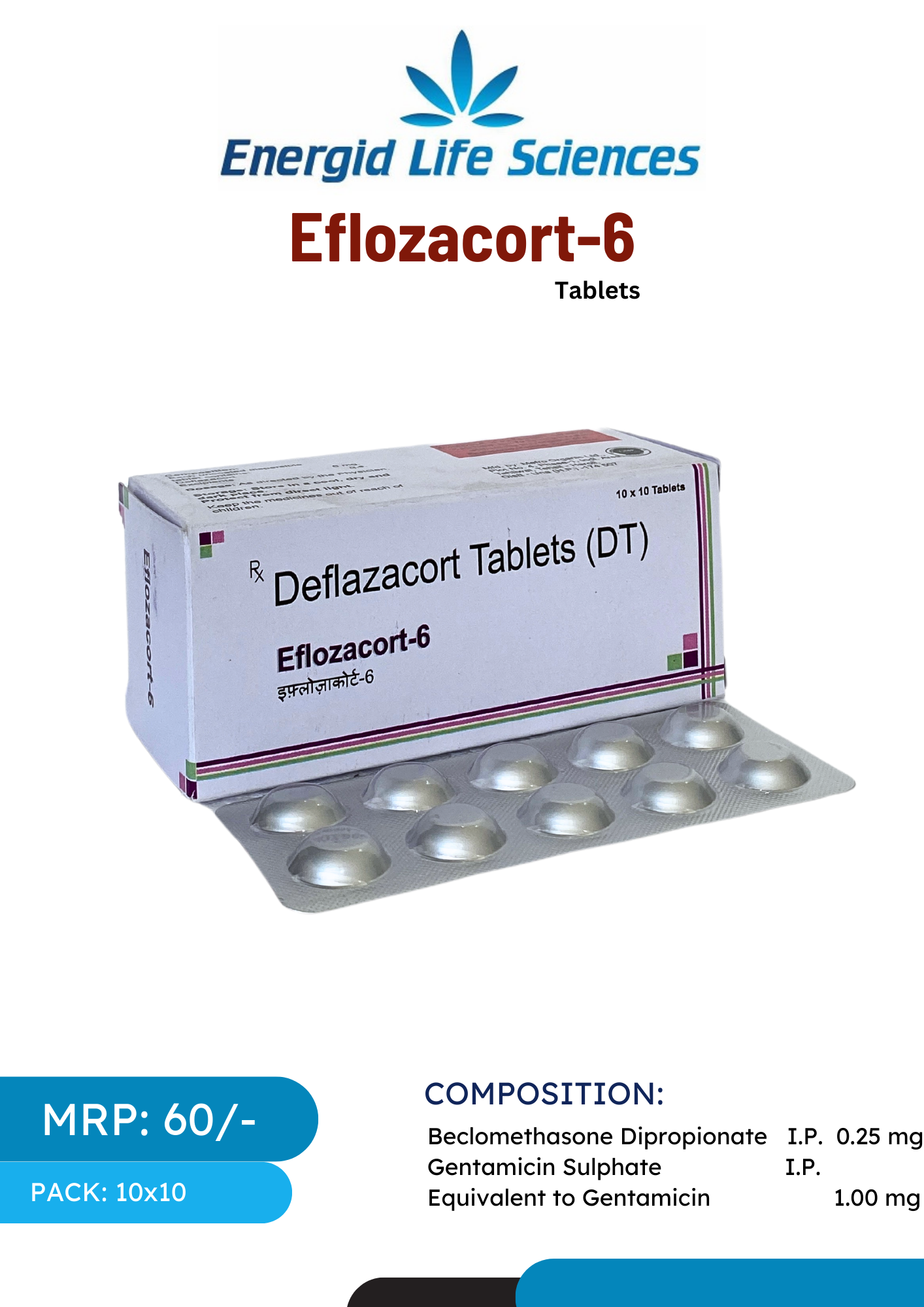 Eflozacort-6 Tablets with Beclomethasone Dipropionate & Gentamicin for treating inflammatory skin conditions.