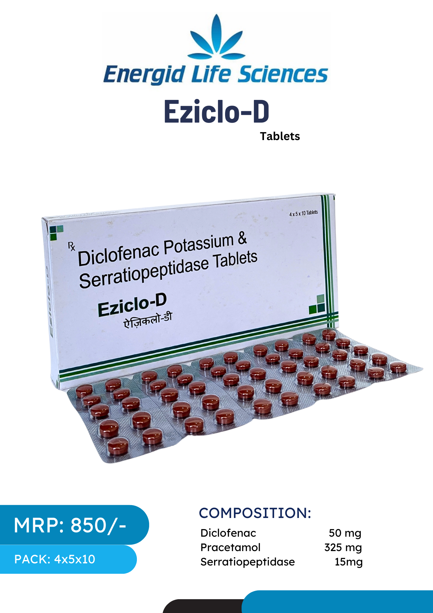 Eziclo-D Tablets with Diclofenac, Paracetamol & Serratiopeptidase for pain and inflammation relief.