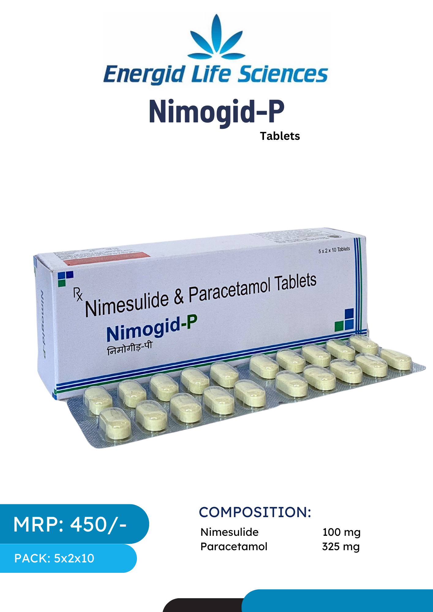 Nimogid-P Tablets with Nimesulide and Paracetamol for pain and inflammation relief.