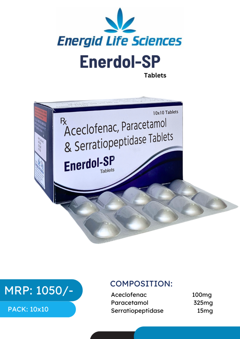 Enerdol-SP Tablets for pain, inflammation, and swelling relief with Aceclofenac, Paracetamol, and Serratiopeptidase.