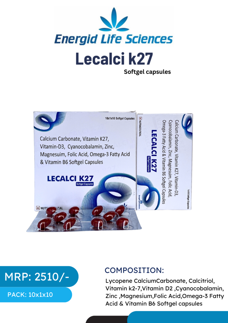 Lecalci K27 Softgel Capsules with Lycopene, Calcium, Vitamin D, Omega-3, and more for overall health and bone support.