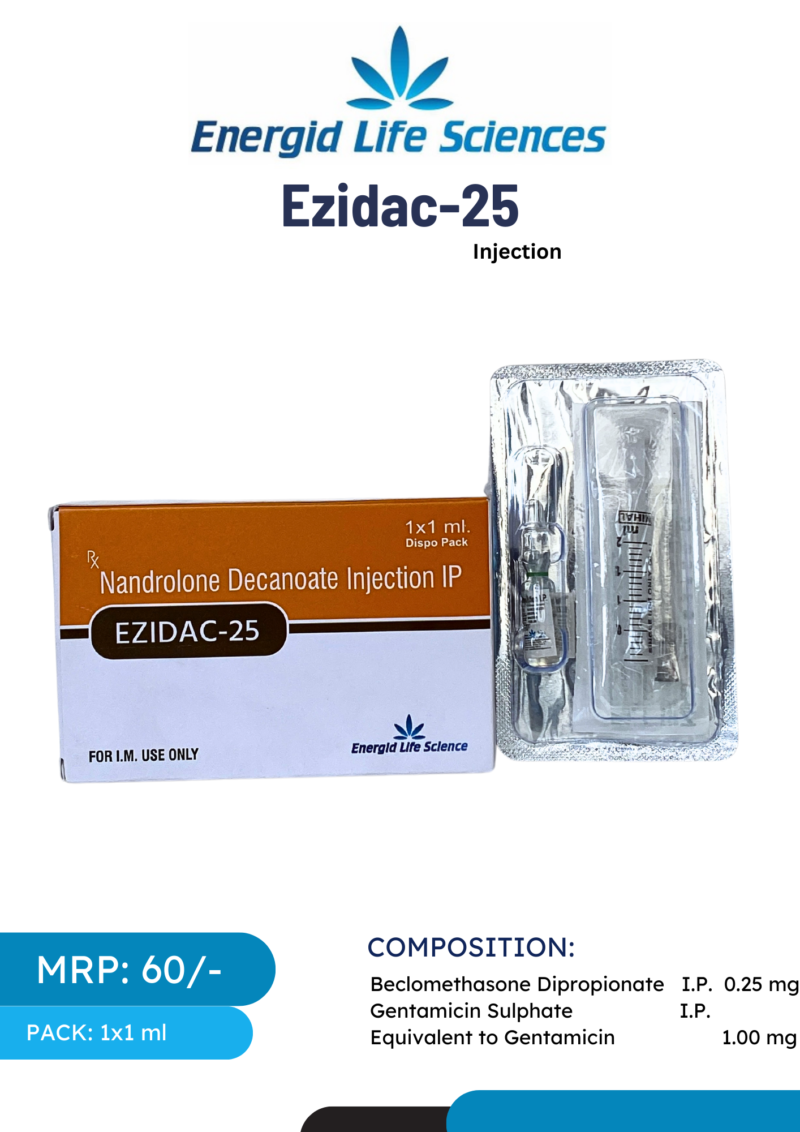 Ezidac-25 Injection with Nandrolone Decanoate, Beclomethasone Dipropionate, and Gentamicin for comprehensive treatment of muscle, inflammation, and infection.