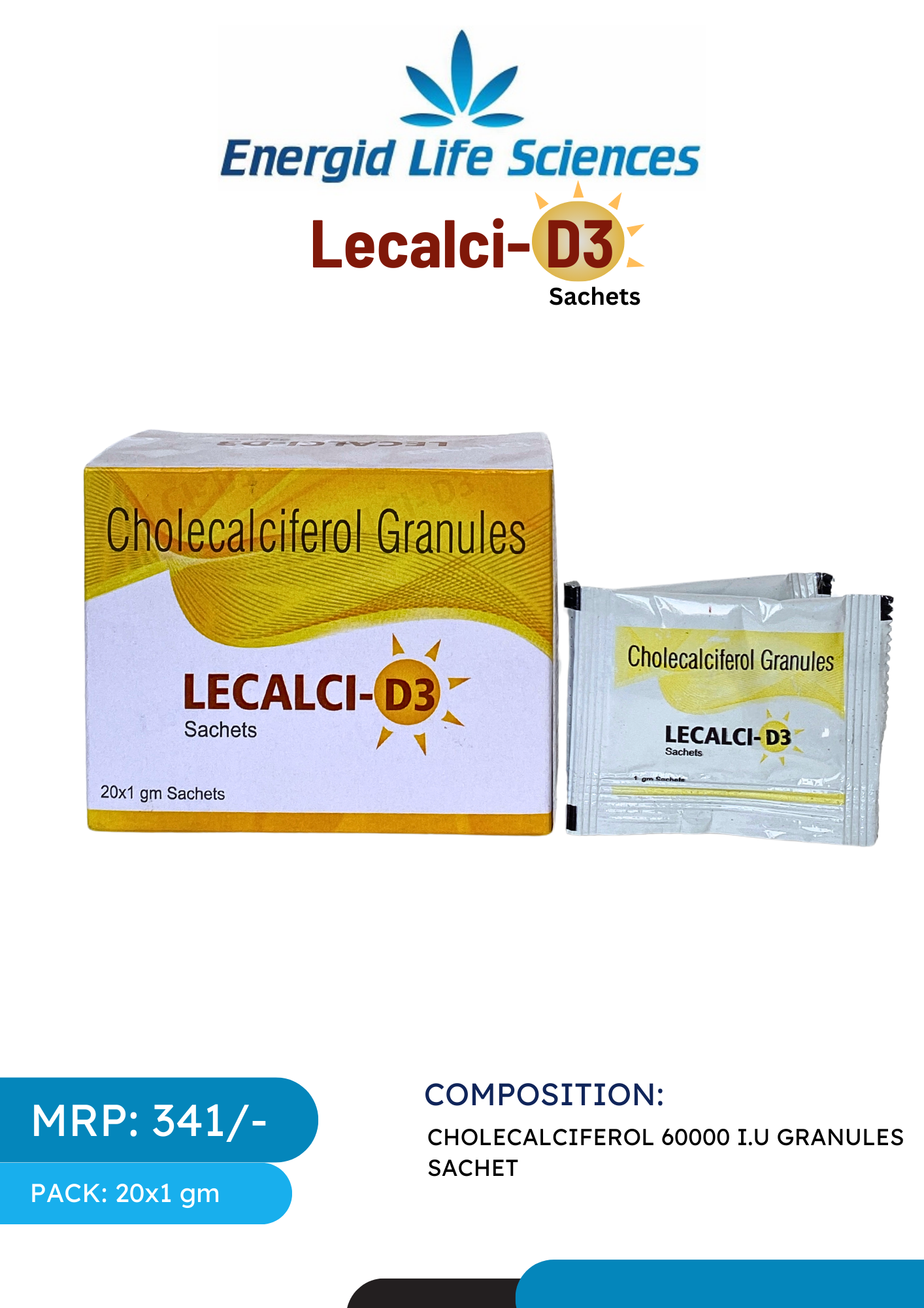 Lecalci-D3 Sachets with Cholecalciferol 60000 I.U for Vitamin D supplementation and bone health.