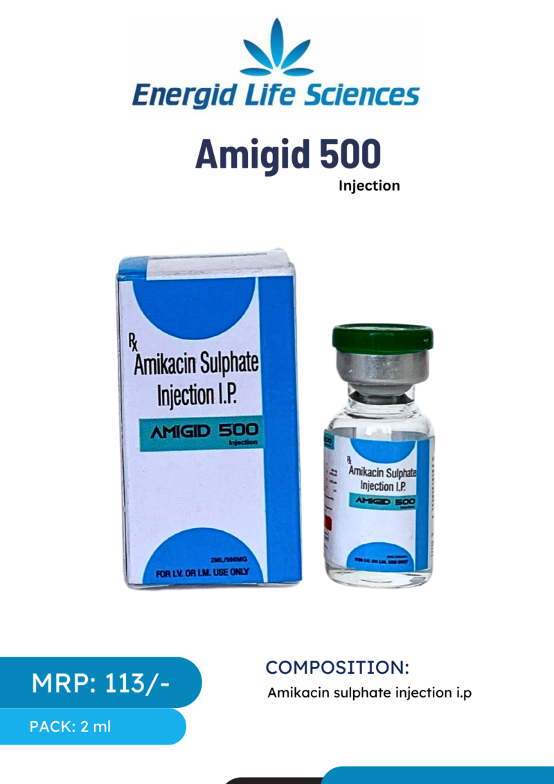 Amigid 500 Injection containing Amikacin Sulphate for bacterial infection treatment.